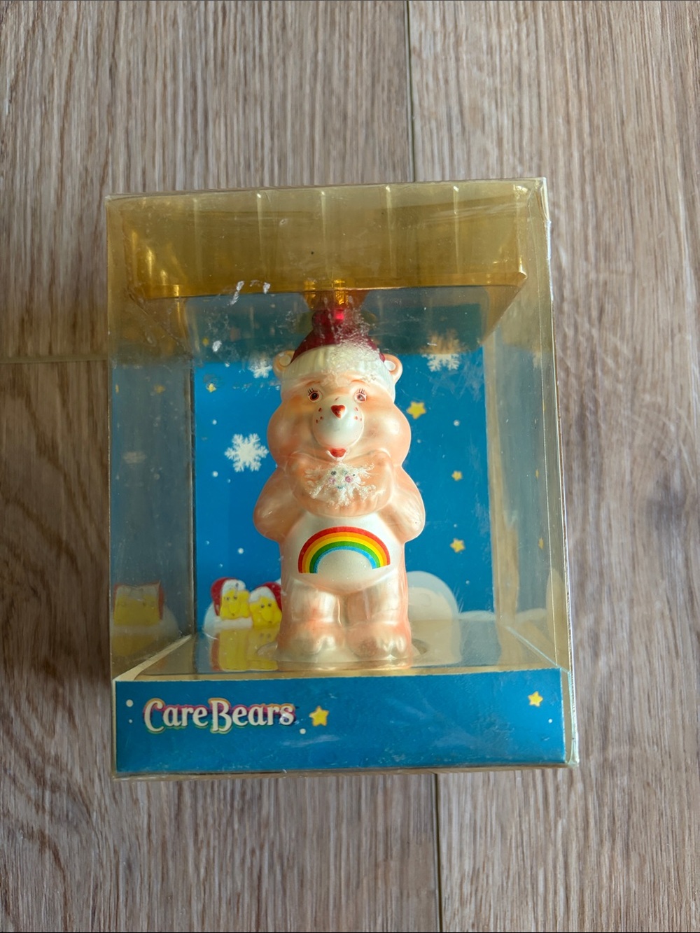 Care Bears Peach Cheer Bear Figure with Rainbow Belly and Red Hat Ornament